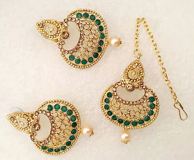 Bridal Maang Tikka Earrings Set Bollywood Kundan CZ Gold Tone Indian Jewelry T-9 • $23.64