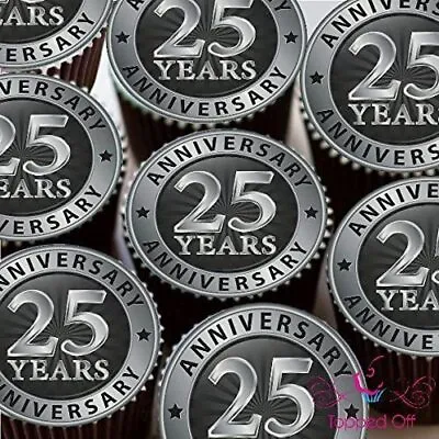 Happy 25th Anniversary Round Pre-Cut Edible Cup Cake Topper Decorations • £5.49