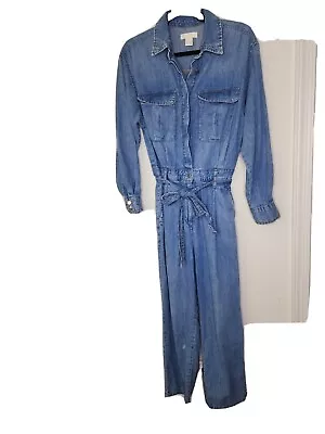 H&M Jumpsuit Denim Long Sleeve Cropped Pockets Women's Medium • $28.99