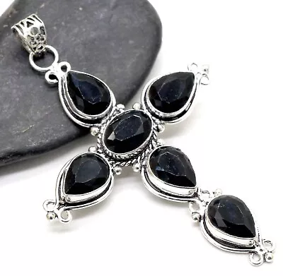 925 Sterling Silver Black Spinel Gemstone Handmade Jewelry Cross Pendant Size-3 • $19.99