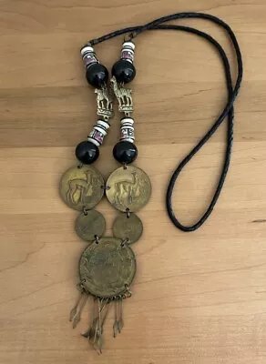 Vintage Peruvian Coin Necklace/ Un Sol De Llama Ceramic / Alpaca Llama Charm • $9.99