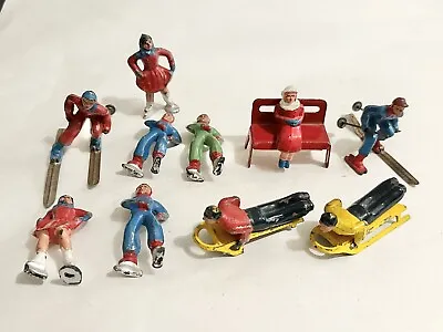Vintage Barclay? Lead Winter Scene Bobsled Park Bench Skiers Skaters Figure Lot • $99.99