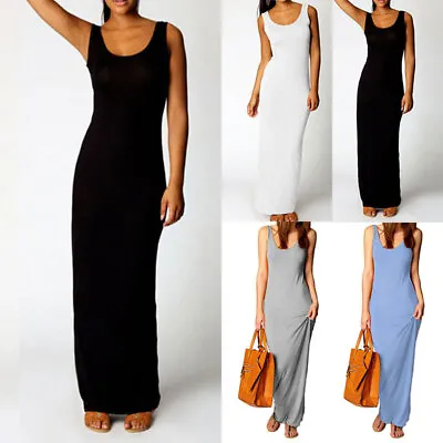 Women Fashion Elegant Slim Vest Dress Casual Solid Sleeveless Full Long Dresses • £14.15