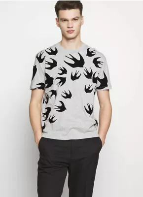 $45 • Buy MCQ SWALLOWS FLOCKED VELOUR PRINT T-SHIRT ALEXANDER MCQUEEN SZ S Grey & Black