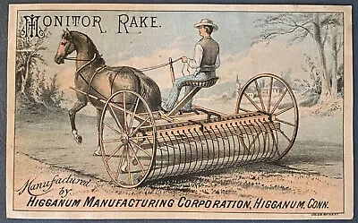 Man Drives Monitor Rake Horse Drawn Farm Equipment  Higganum CT 1880 Trade Card • $34.99