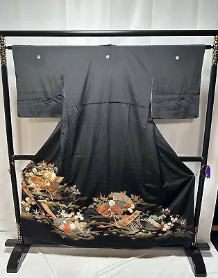 Vintage Japanese Kimono -  Silk Kuro Tomesode With Beautiful Motifs • $62