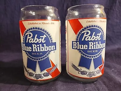PABST BLUE RIBBON Can Style 5 1/4 Inch Tall Screened Beer Glasses Set Of 2 • $17