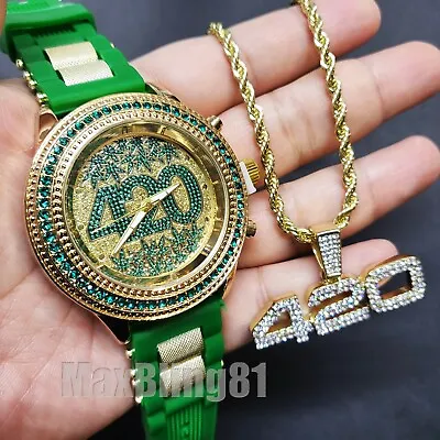 Men Iced Gold Pt 420 Silicone Band Watch & Hip Hop Jewelry Bling Necklace Set  • $12.99