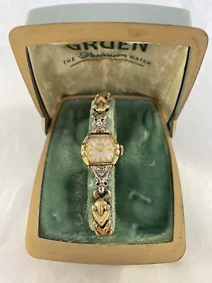 Gruen Vintage Watch Precision 2 Diamonds Heart Silver & Gold Color 1950-1960 Box • $29.99