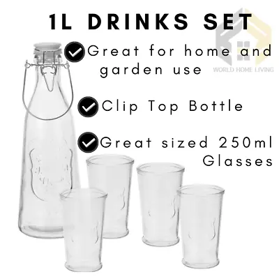 Drinking Glasses Bottle Set Clip Top 4 Glass Tumbler Stacking Carafe Giftbox • £9.99