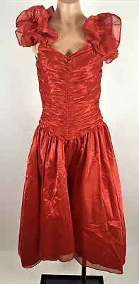 VTG 80s Prom Red Ruched PUFFY BUBBLE SLEEVE Party Off Shldr Evening Dress Gown 9 • $120