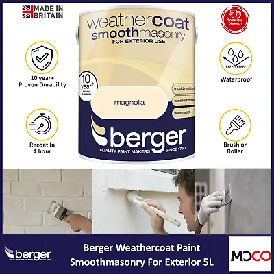 Berger Weathercoat Smooth Masonry Paint For Exterior Concrete Brickwork 5L • £27.95