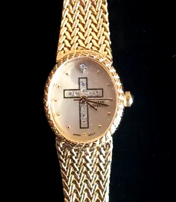 Sarah Coventry Womens Vtg Gold Tone Wristwatch Christian Cross Faux Diamonds • $12.99