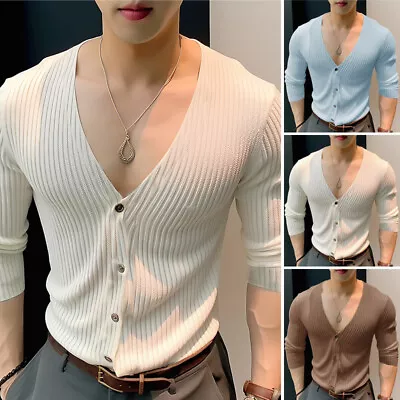 INCERUN Mens V Neck Long Sleeve Tops Jumper Ribbed Knitted Sweater Pullover Plus • $21.84