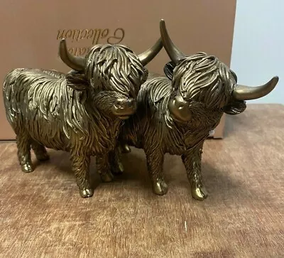 Reflections Twin Bronze Colour Highland Cow Statue Ornament Figurine By Leonardo • £29.99