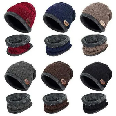 Men Beanie Warm Hat Scarf Set Neck Cover Winter Fleece Knitted Thick Ski Cap SET • £7.21