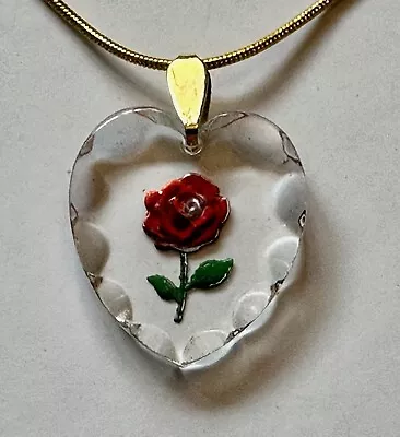 Mother's Day Vintage Intaglio Reverse Carve Glass Red Rose HEART Necklace 18  GP • $15.95