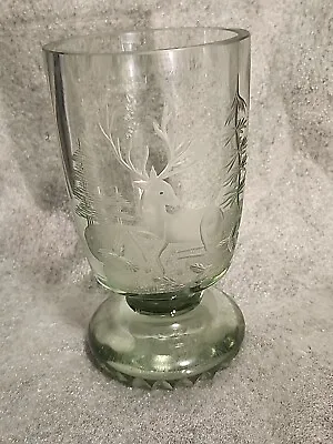 Antique Bohemian Moser Green Cut To Clear Crystal Glass Buck Deer Vase 7  • $19