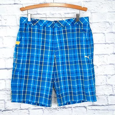 Puma Chino Golf Shorts Mens 36 Plaid Blue Polyester Blend Pockets Inseam 11  • $20