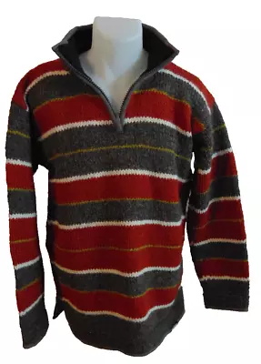 Laundromat Nepal Brown Dark Orange Striped Wool 1/4-Zip PullOver Sweater Sz L • $36