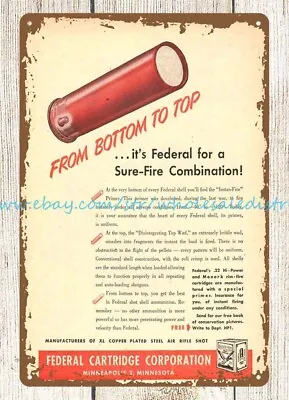 1949 Federal Cartridge 22 Ammo Minneapolis Minnesota Tin Sign Metal Posters • $18.97