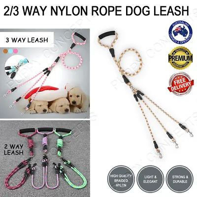 $14.99 • Buy 2 3 Way Nylon Rope Dog Leash Strong Triple Lead Soft Foam Handle Puppy Training