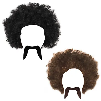 £8.99 • Buy Mens 70s Afro Wig And Moustache 1960s 1970s Hippy Fancy Dress Costume Accessory