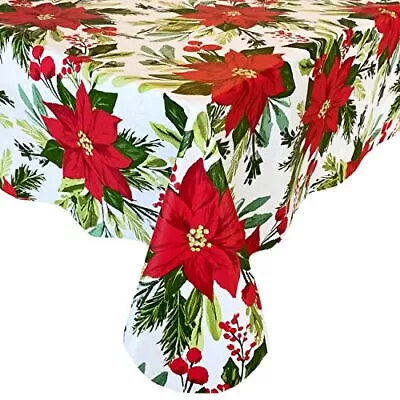 Poinsettia Flourish Contemporary Vinyl Flannel Back Christmas Tablecloth Red Poi • $15.58