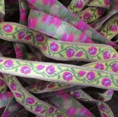 3 Yd X  1/2” Vintage Pink  Yellow Vine  Flower Jacquard Ribbon~ New/old Stock • $7.50