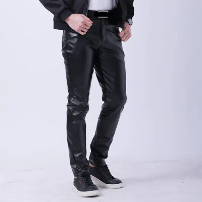 Mens Wet Look Stretch Faux Leather Trousers Soft Breathable Slim Pants Clubwear • $26.21