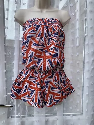 Funky Strapless Union Jack Hot Pants Playsuit Sz L 16/18 Festival / Holiday • £19.99