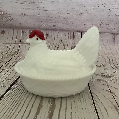 Vintage Nesting Chicken Salt Cellar  Dish Milk Glass Red White • $19.99