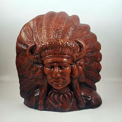 Vintage Ceramic Native American Indian Chief Bust W/ Horns Reddish Brown ~8.5  • $38.98