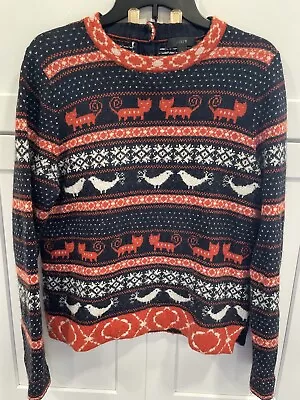 J Crew Womens Farmyard Fairisle Cat Bird Sweater Size XL Blue Orange SI32 • $29.99