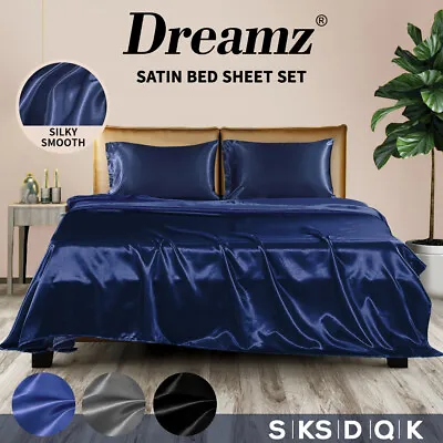 Dreamz Silky Satin Sheets 1800TC Fitted Flat Bed Sheet Set Pillowcases Summer • $43.99