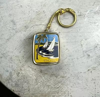 Vintage Sankyo Music Box St Thomas Key Chain Sailboat Scene Key Turn Gold Tone • $49.99