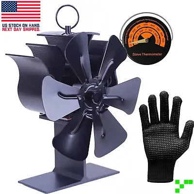 HEAT-POWERED Metal Stove Fan Eco Fireplace Quiet W/ Glove + Magnetic Thermometer • $22.45