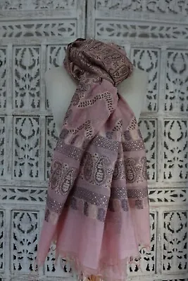 Soft Cotton Silk Pink Shawl Paisley Detail Bollywood Chunni Dupatta SKU19170 • £28.99