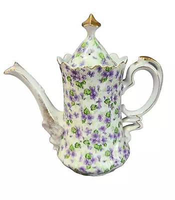 Vintage Hand Painted Chintz Violets Gilded Lefton Porcelain Coffee Pot • $106.25