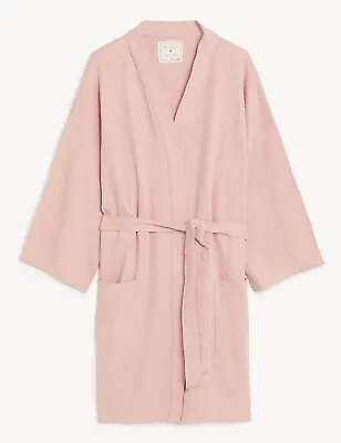 Pure Cotton  Dressing Gown EX M&S  Ladies Waffle Tie Pink Wrap Gown Robe BR468 • £19.99