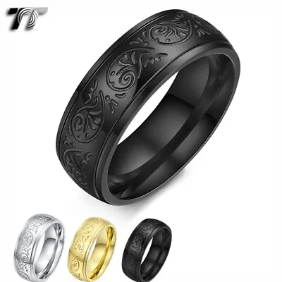 TT 8mm Black/Gold/Silver Stainless Steel Pattern Band Ring Size 7-15 (R392) NEW • $11.65