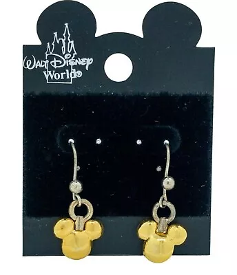 Vintage Disney Mickey Mouse Head Gold Silver Drop Earrings -On Retail Card V780C • $8.99