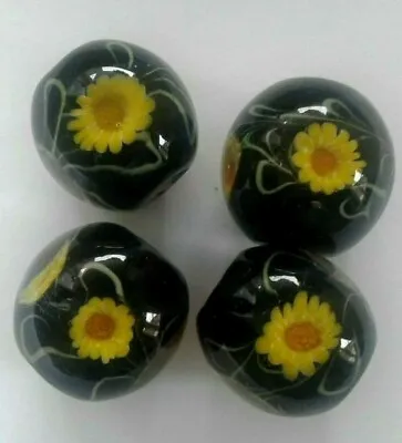 4 Handmade Glass Lampwork Focal Beads. Black/Yellow Sunflower 19-20mm Jewellery • £20.75