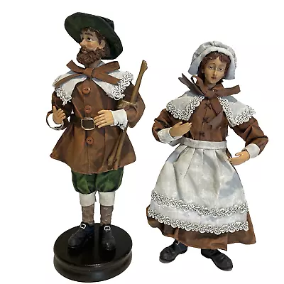 Vintage Pilgrim Lady & Pilgrim Man Fabric Mache Figurines Harvest Lot Of 2 • $29.88