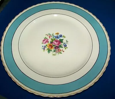 Myott Staffordshire England Dinner Plate Flower Blue Turquoise Gold Black Trim • $10