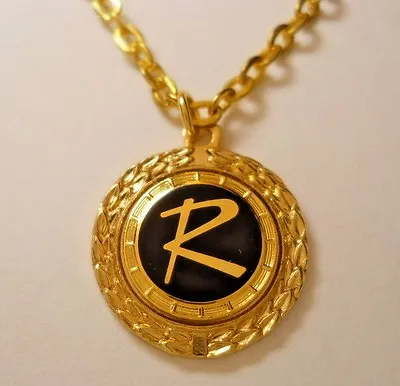 Gold Black Initial Letter R 5/8  Stainless Steel Wreath Charm Pendant Necklace • $15.95