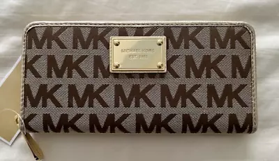 NWT Michael Kors MK ZA Continental Wallet Sig Jacquard Beige Ebony Gold • $98