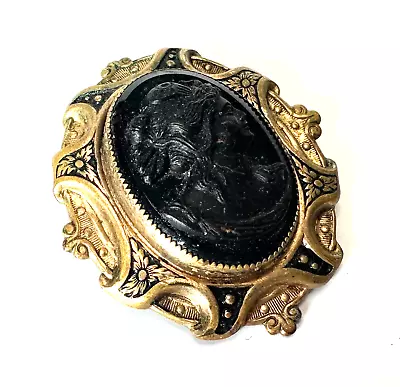 Gold Tone Antique Black Carved Cameo Vintage Brooch Jewelry Lot Y • $2.25