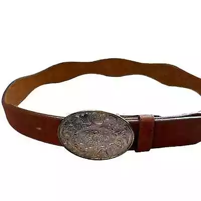 $21.42 • Buy Vintage Tony Lama Brown Leather Belt Large Silver Tone Buckle Size 32 EUC USA