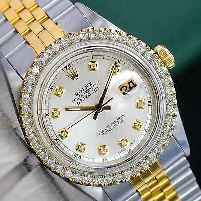 Rolex Mens Datejust Gold Steel Silver Dial Diamond Bezel Jubilee 36mm Watch 1601 • $5399